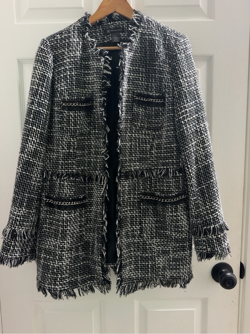 INC International Concepts Black & White Tweed Fringe Blazer Jacket